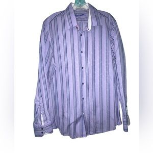 Men’s Robert Graham Long Sleeve Flip Cuffs Dress Shirt Purple Stripes Size Large